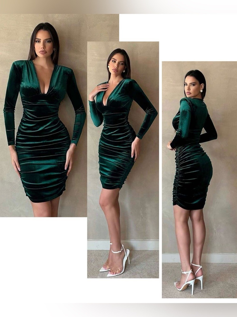 Emerald Green Velvet Ruched Long-Sleeve Bodycon Dress Sz M NWOT